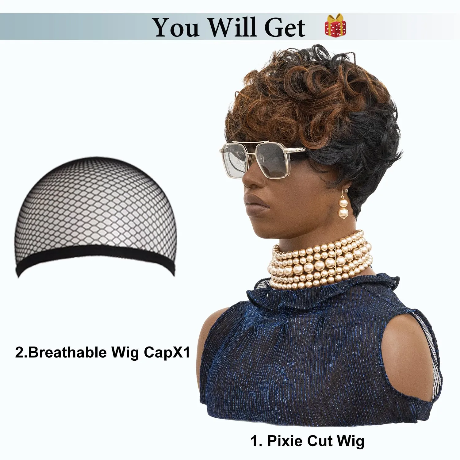 Pixie Cut Wig Short Curly Wigs for Black Women Black Mixed Grey Curly Wig with Bangs Afro Wigs for Black Women Natural Wavy Synthetic Wigs for Women (Black And Brown)