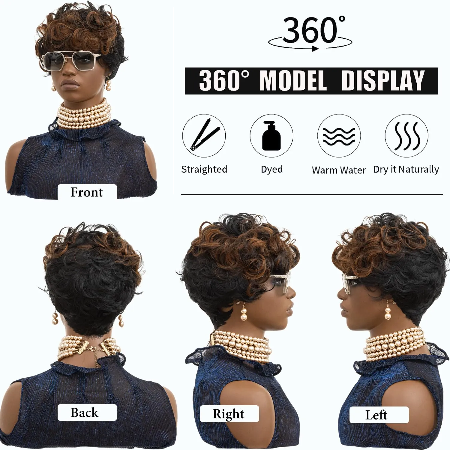 Pixie Cut Wig Short Curly Wigs for Black Women Black Mixed Grey Curly Wig with Bangs Afro Wigs for Black Women Natural Wavy Synthetic Wigs for Women (Black And Brown)
