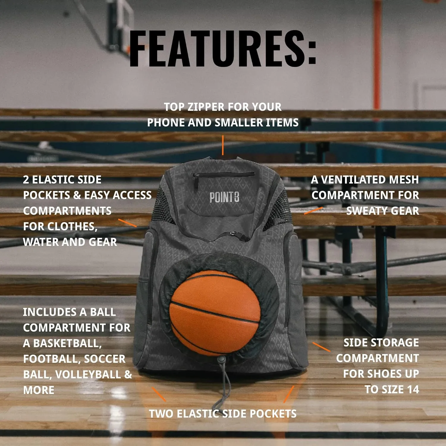 Point 3 Road Trip 2.0 Backpack Basketball Backpack with Drawstrong Closure | Ventilated Mesh Shoe Pocket Compartment
