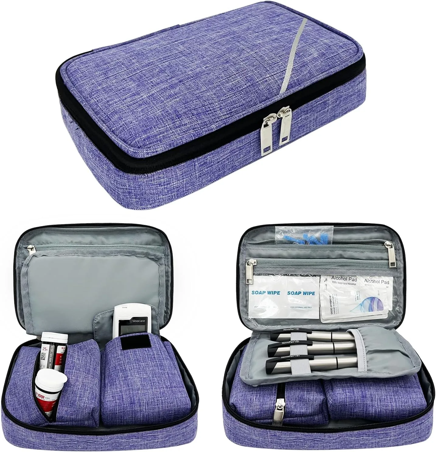 Portable Diabetic Supplies Bag for Glucose Meter, Medication and Other Diabetes Supplies, Diabetes Travel Case with Two Removable Storage Pouches, Purple (Bag Only)