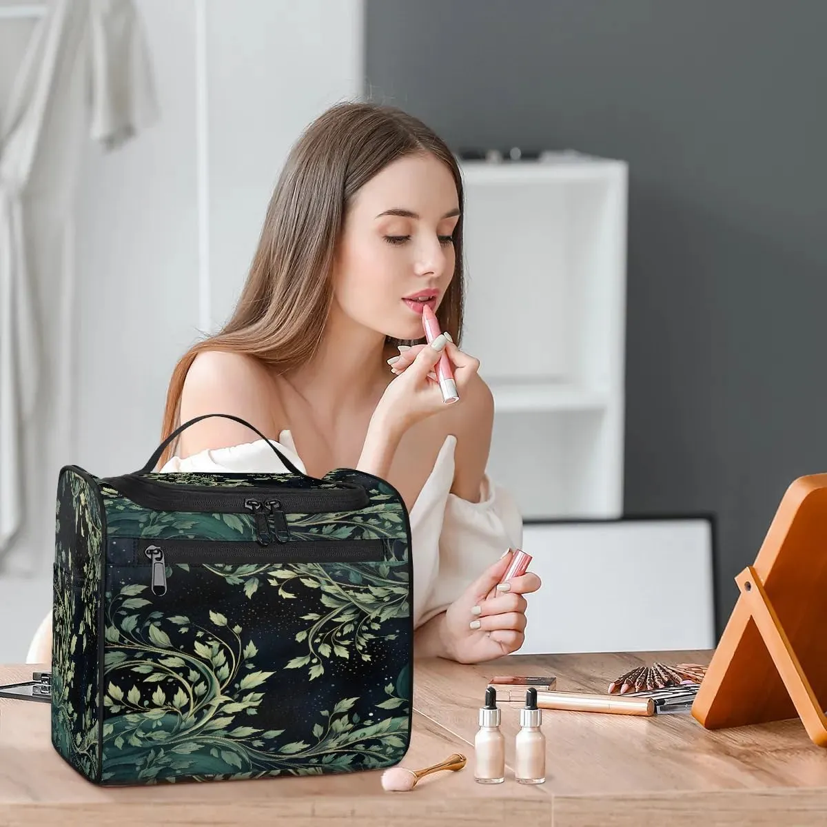Portable Makeup Bag Cosmetic Bags for Women Leaves Design Cute Waterproof Hanging Toiletry Bag Organizer cosmetics Bags
