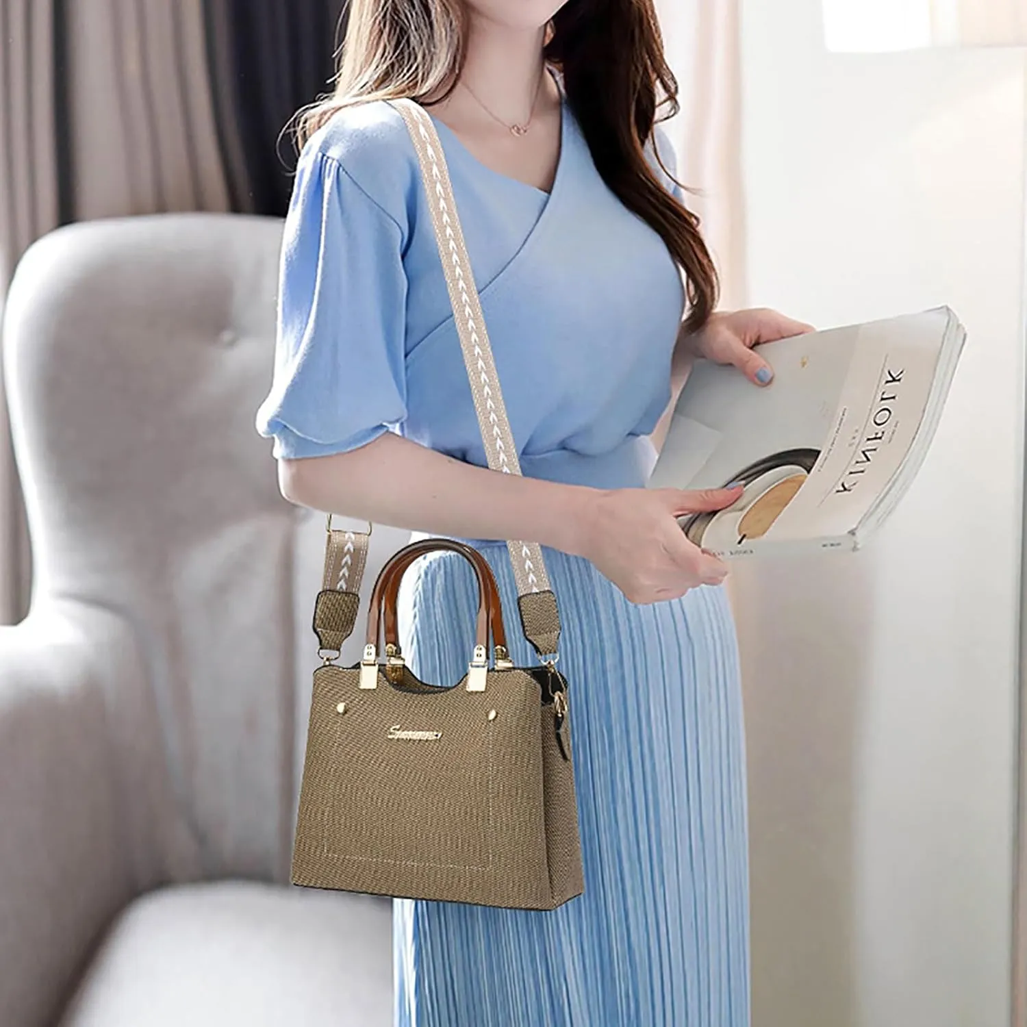 PORT&LOTUS Small Double Top Handle Crossbody Purses for Women Shoulder Bags for Women with Guitar Strap
