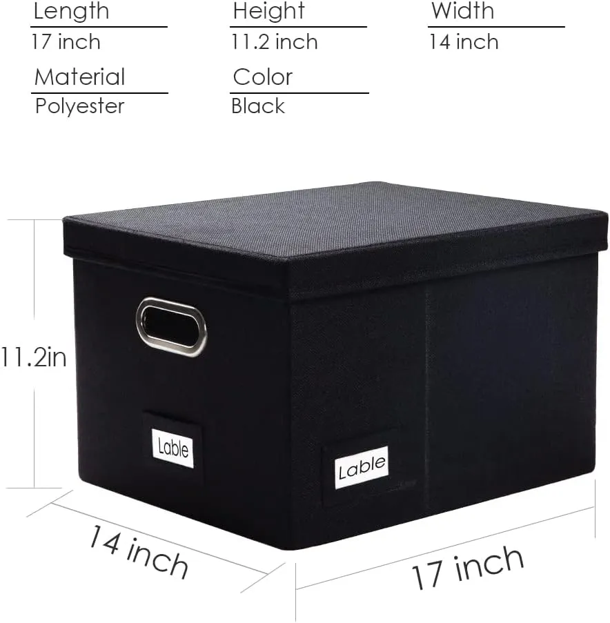 PRANDOM File Organizer Box - Set of 2 Collapsible Decorative Linen Filing Storage Hanging File Folders with Lids Office Cabinet Letter/Legal Size Black (17x14x11.2 inch)