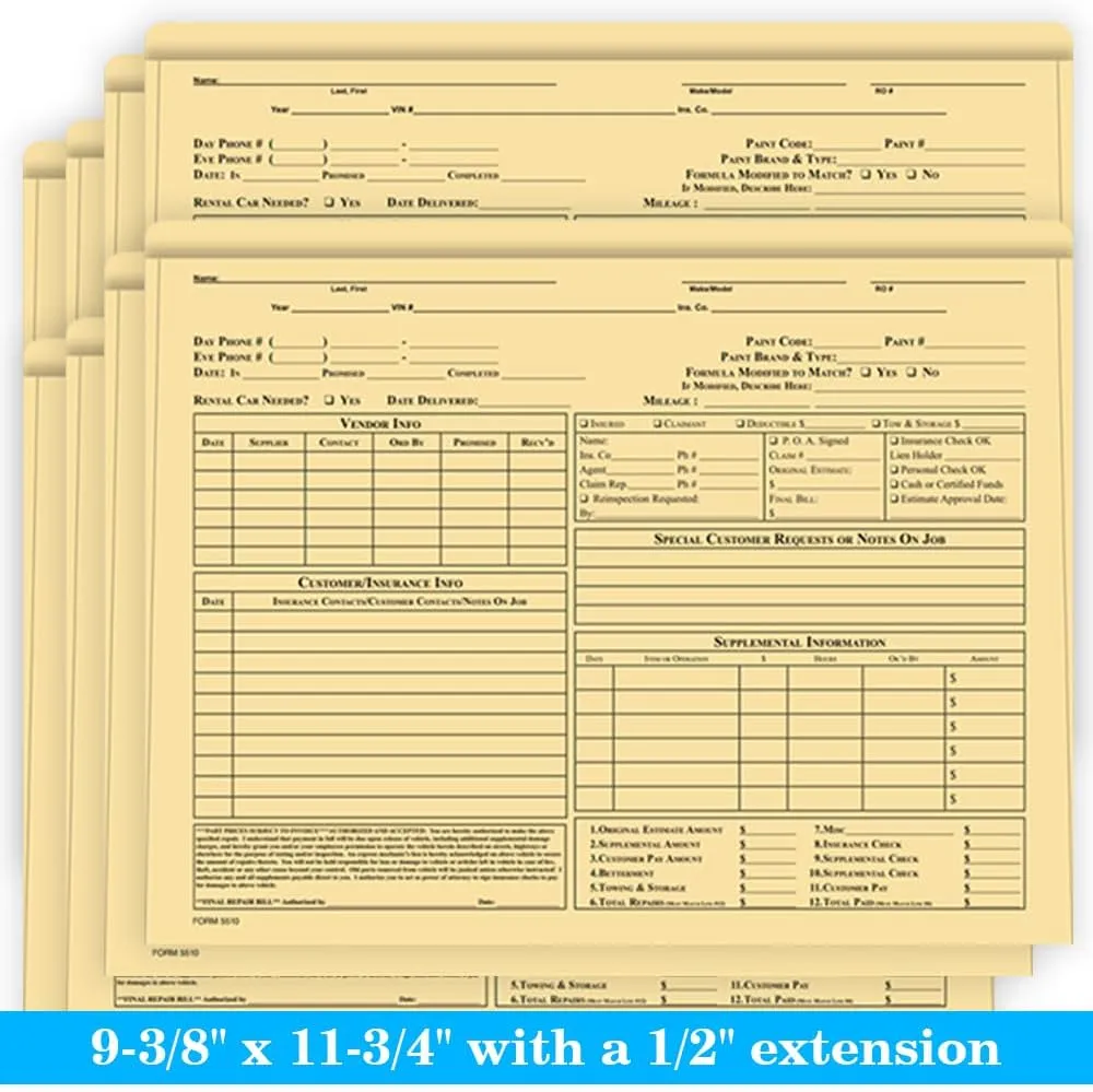 Pre-Printed Heavy Duty Body Shop Jackets for Automotive Dealerships - Large 12" × 9-3/8" Size with 1/2" Extension - Durable 100# Buff Stock (8 Pt.) - Shrink-Wrapped (Pack of 400
