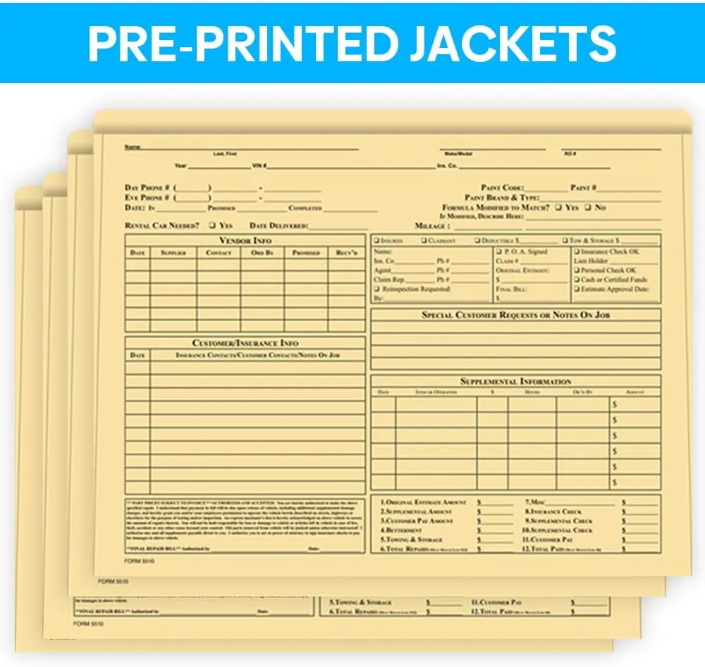 Pre-Printed Heavy Duty Body Shop Jackets for Automotive Dealerships - Large 12" × 9-3/8" Size with 1/2" Extension - Durable 100# Buff Stock (8 Pt.) - Shrink-Wrapped (Pack of 400