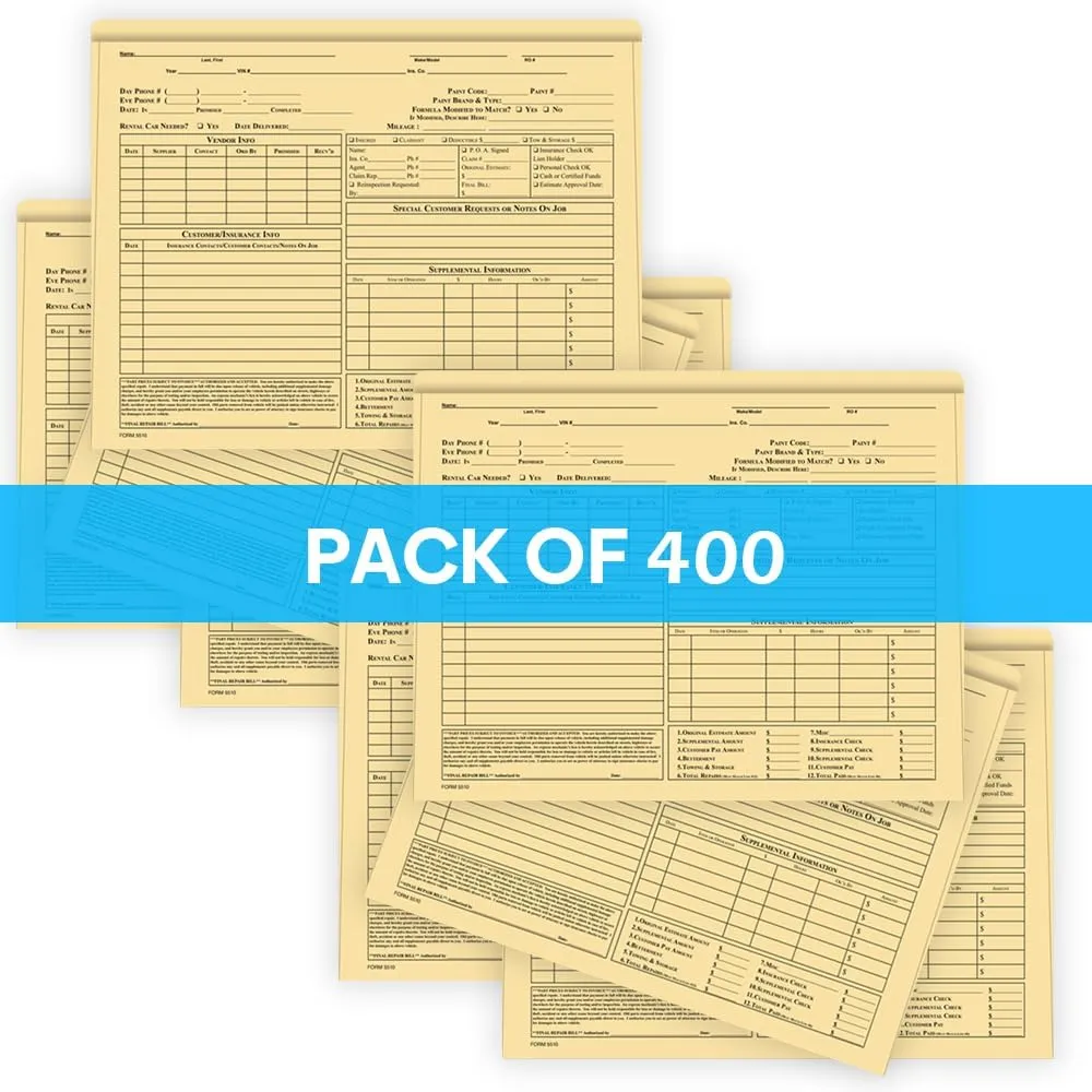 Pre-Printed Heavy Duty Body Shop Jackets for Automotive Dealerships - Large 12" × 9-3/8" Size with 1/2" Extension - Durable 100# Buff Stock (8 Pt.) - Shrink-Wrapped (Pack of 400