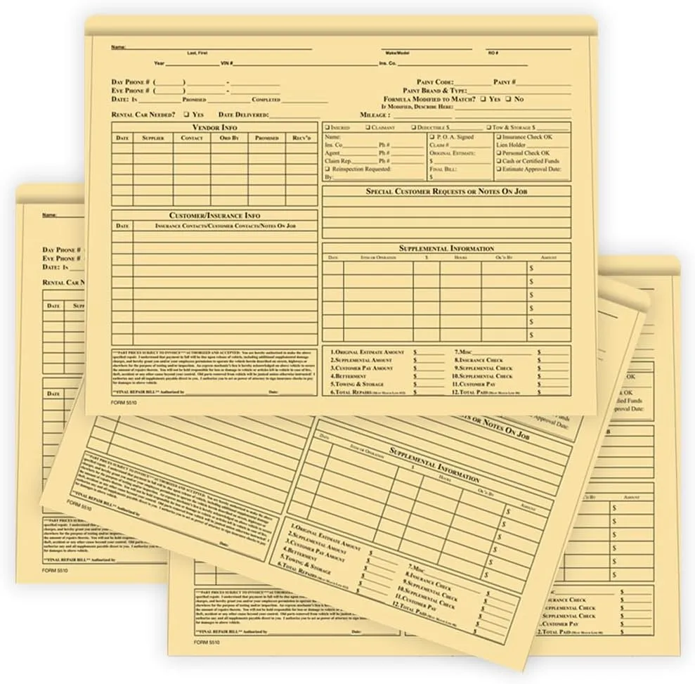 Pre-Printed Heavy Duty Body Shop Jackets for Automotive Dealerships - Large 12" × 9-3/8" Size with 1/2" Extension - Durable 100# Buff Stock (8 Pt.) - Shrink-Wrapped (Pack of 400