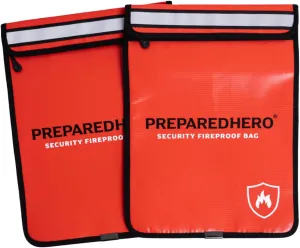 Prepared Hero Fireproof Bag - 2 Pack. Fire Resistant Large 11" by 15" Document Bag to Safely Store Valuables. 2000F Heat Resistance