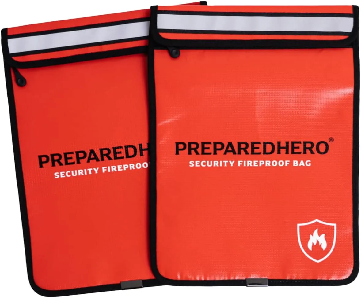 Prepared Hero Fireproof Bag - 2 Pack. Fire Resistant Large 11" by 15" Document Bag to Safely Store Valuables. 2000F Heat Resistance