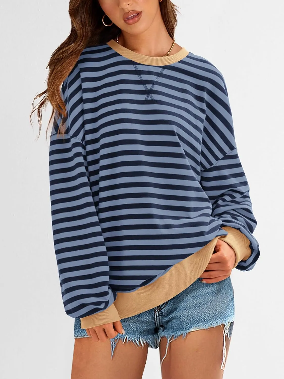 PRETTYGARDEN Womens Striped Oversized Sweatshirt Color Block Crew Neck Long Sleeve Casual Loose Pullover Top Y2K Clothes