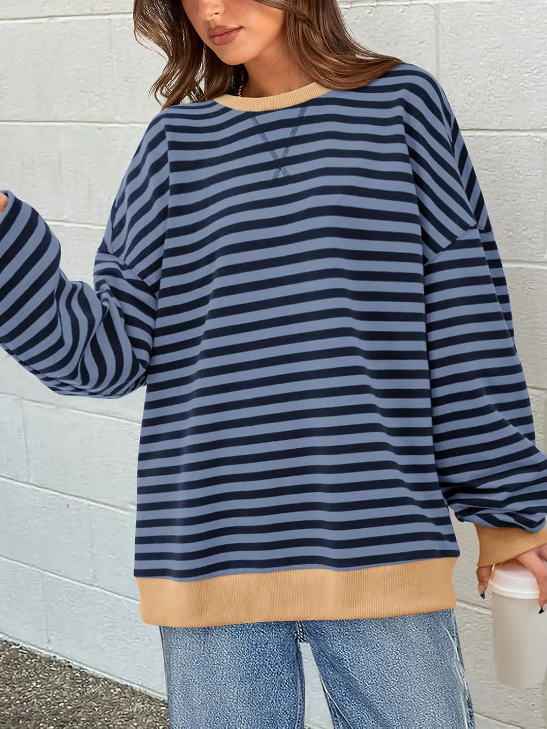 PRETTYGARDEN Womens Striped Oversized Sweatshirt Color Block Crew Neck Long Sleeve Casual Loose Pullover Top Y2K Clothes