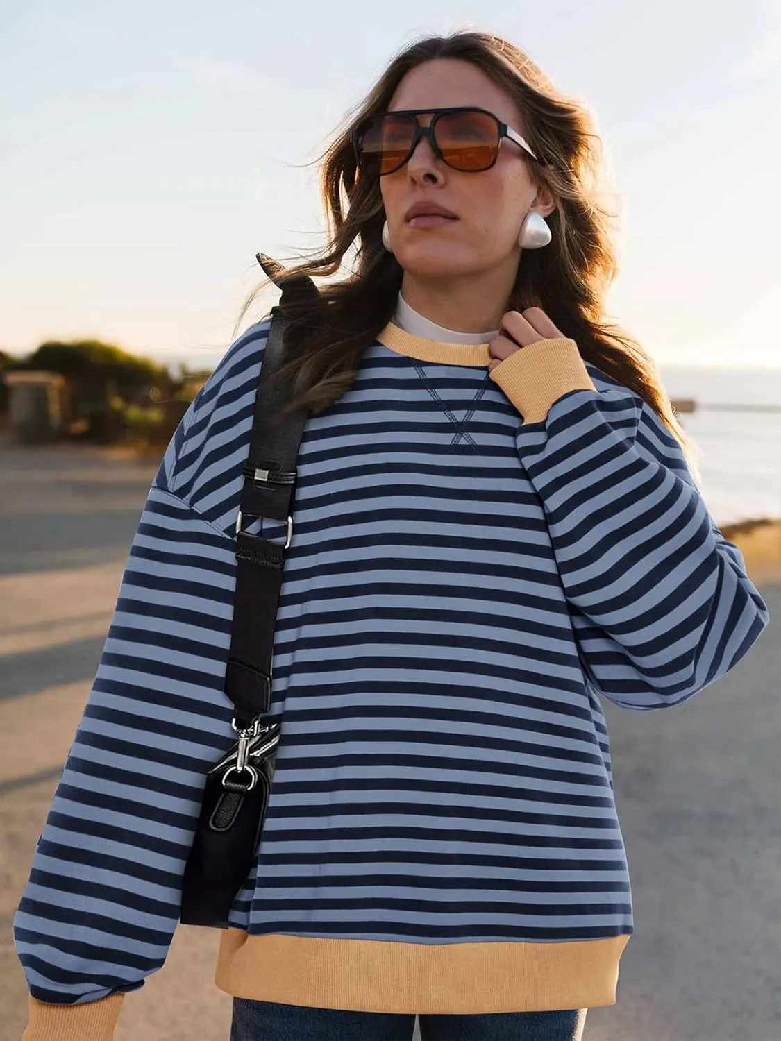 PRETTYGARDEN Womens Striped Oversized Sweatshirt Color Block Crew Neck Long Sleeve Casual Loose Pullover Top Y2K Clothes