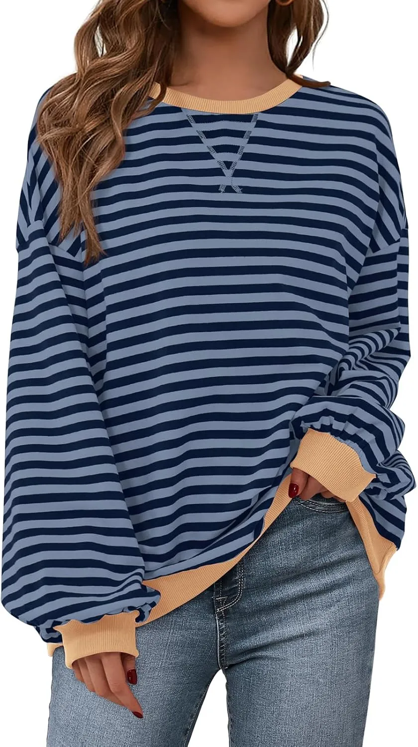 PRETTYGARDEN Womens Striped Oversized Sweatshirt Color Block Crew Neck Long Sleeve Casual Loose Pullover Top Y2K Clothes
