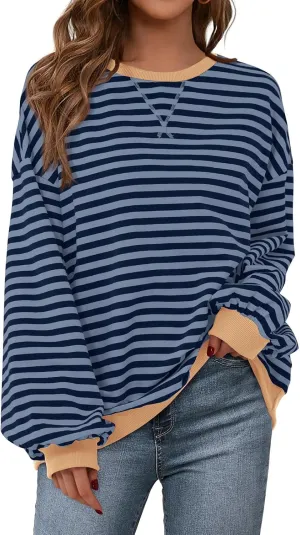 PRETTYGARDEN Womens Striped Oversized Sweatshirt Color Block Crew Neck Long Sleeve Casual Loose Pullover Top Y2K Clothes