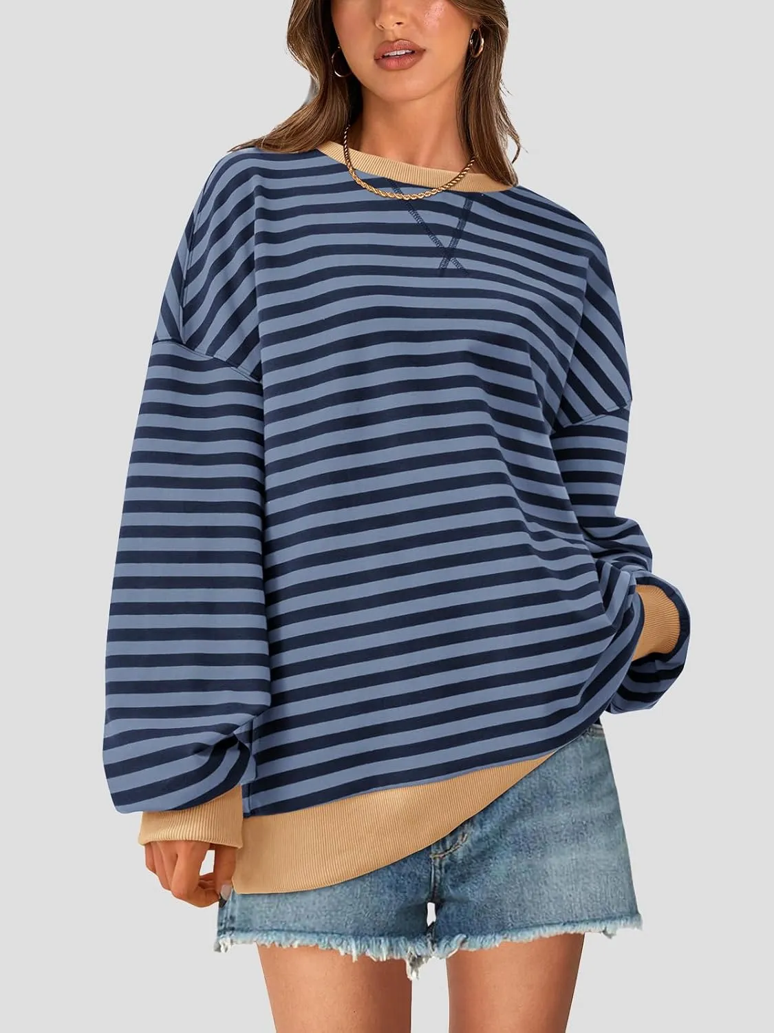 PRETTYGARDEN Womens Striped Oversized Sweatshirt Color Block Crew Neck Long Sleeve Casual Loose Pullover Top Y2K Clothes