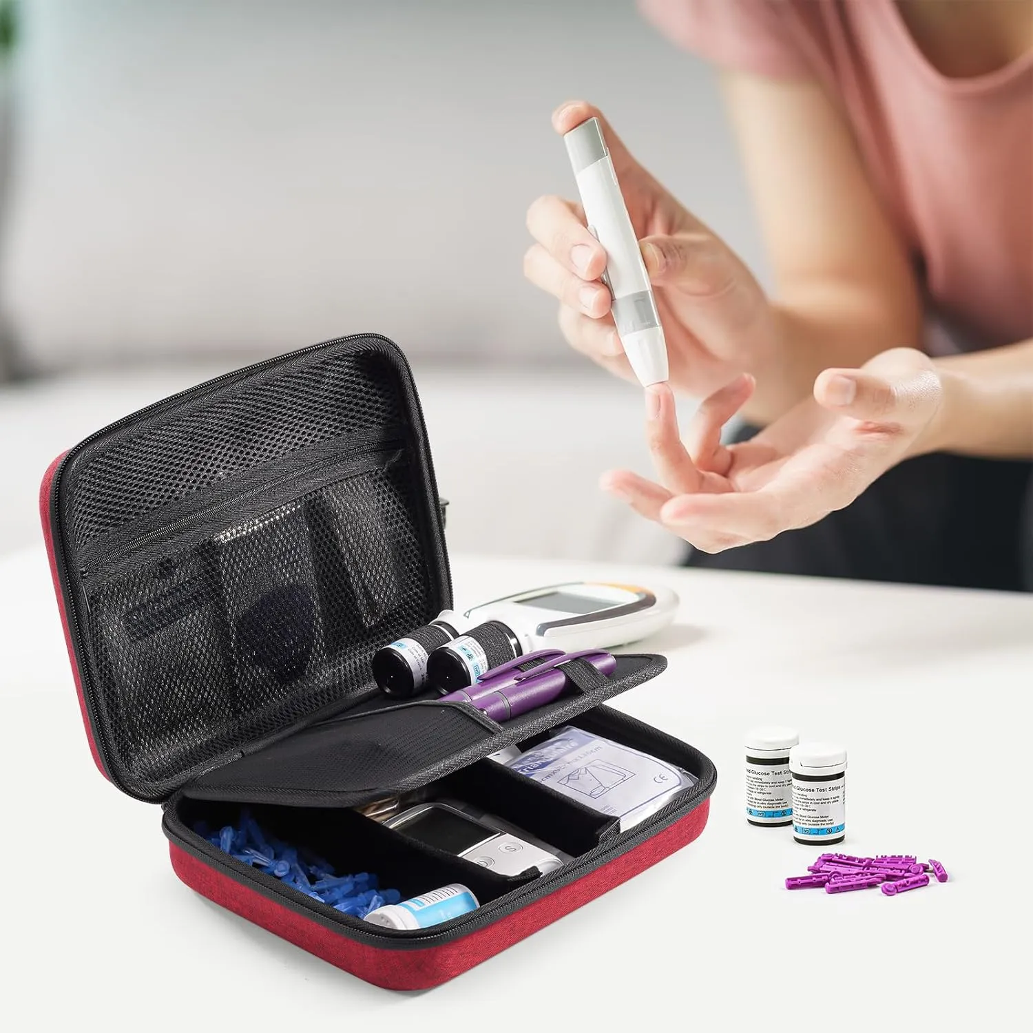 ProCase Diabetic Supplies Hard Travel Case, Diabetes Storage Bag for Glucose Meter, Insulin Pen, Blood Sugar Test Strips, Syringe, Needles and More Kits, Diabetic Care Kits Organizer Holder -Wine