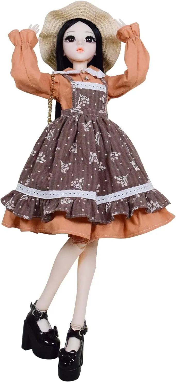 Proudoll 1/3 BJD Doll 60cm 24Inches Ball Jointed SD Dolls Move Joints Action Figures Caroline Hat Wig Blouse Dress Crossbody Bag High Heel