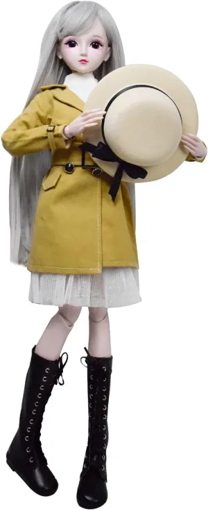 Proudoll 1/3 BJD Doll 60cm 24Inches Ball Jointed SD Dolls Move Joints Action Figures Fashion Girl Freya   Hat   Wig   Coat   Dress   Crossbody Bag   Boots (Khaki)