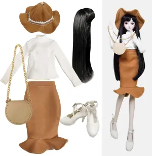 Proudoll 1/3 BJD Doll Clothes Outfit Set - Handcrafted Stylish Long-Sleeve Shirt, Brown Skirt, Hat, Wig, Crossbody Bag, and High Heel, Compatible with 1/3 60cm 24in SD Dolls