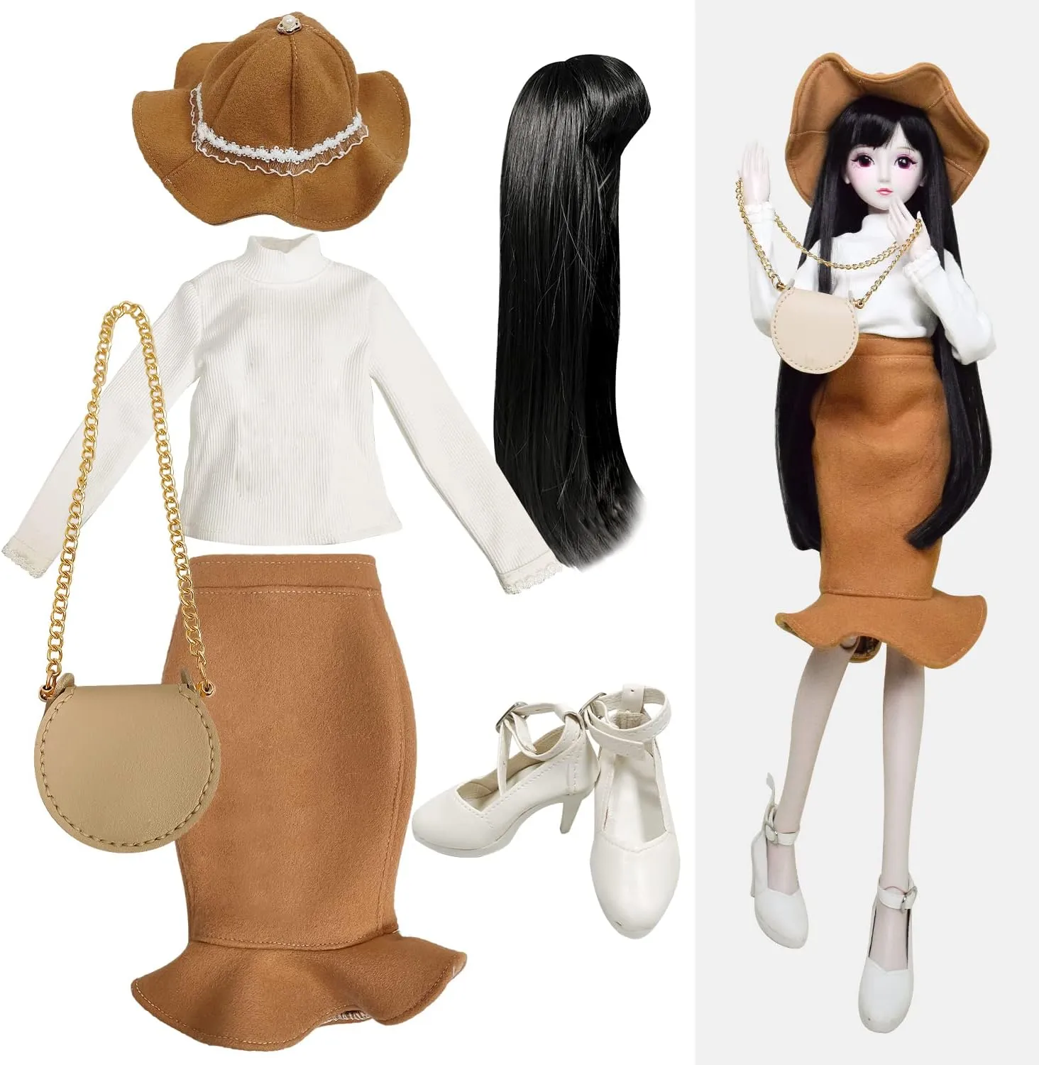 Proudoll 1/3 BJD Doll Clothes Outfit Set - Handcrafted Stylish Long-Sleeve Shirt, Brown Skirt, Hat, Wig, Crossbody Bag, and High Heel, Compatible with 1/3 60cm 24in SD Dolls