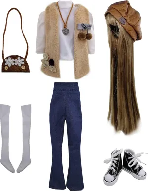 Proudoll Daily Outfits Wig Hat Jeans Vest T-Shirt Stocking Cross-Body Bag Shoes Clothes for 1/3 BJD Doll 60cm 24inches Dolls (Only Accessories(Without Doll), Camel-EL)