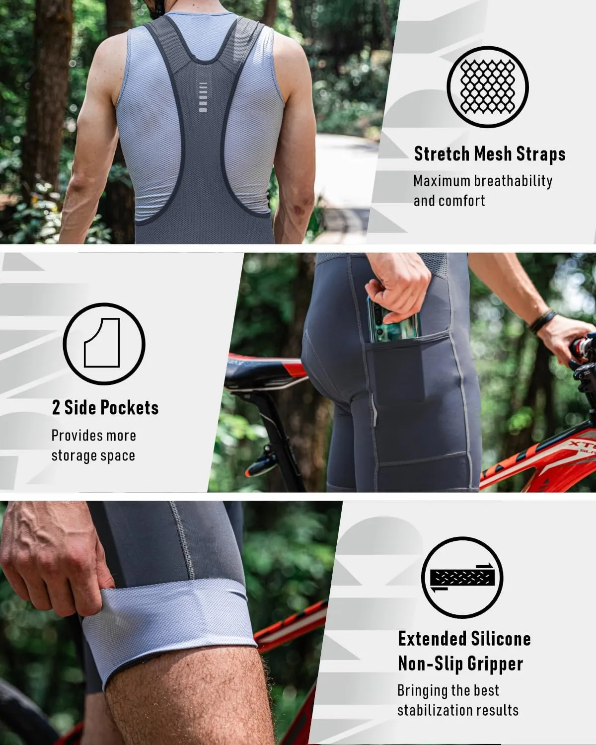 Przewalski Men's Cycling Bike Bib Short with Phone Pockets,4D Padded Breathable Biking Bicycle Bib Tights