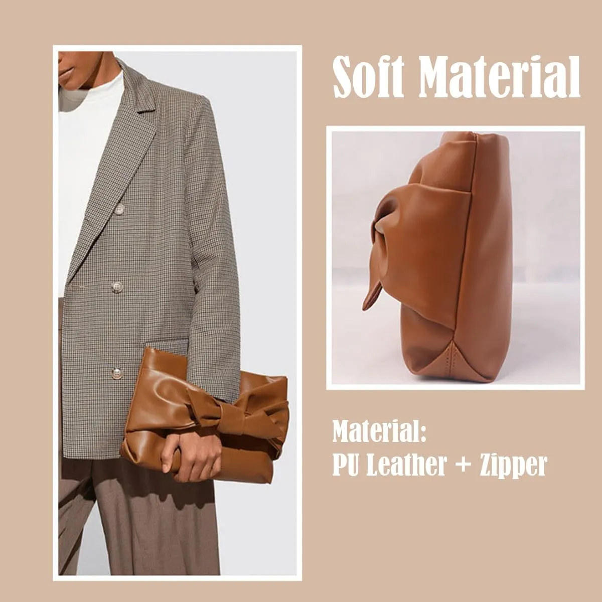 PU Leather Bow Clutch Handbag Brown Purse for Women Zipper Soft Underarm Bag Wristlet Purse Large Capacity Lightweight