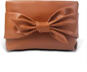 PU Leather Bow Clutch Handbag Brown Purse for Women Zipper Soft Underarm Bag Wristlet Purse Large Capacity Lightweight