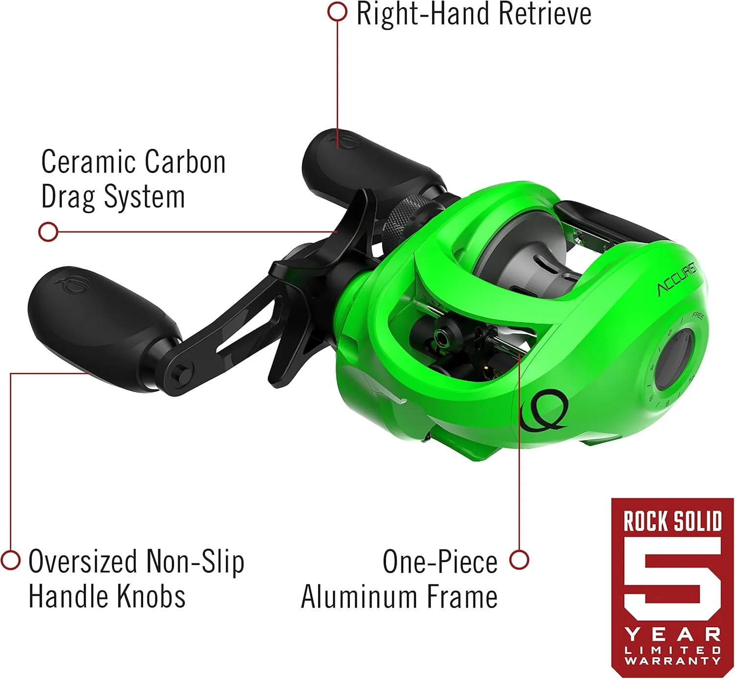 Quantum Accurist Baitcast Fishing Reel, Size 100 Reel, Oversized Non-Slip Handle Knobs and Continuous Anti-Reverse Clutch, One-Piece Aluminum Frame