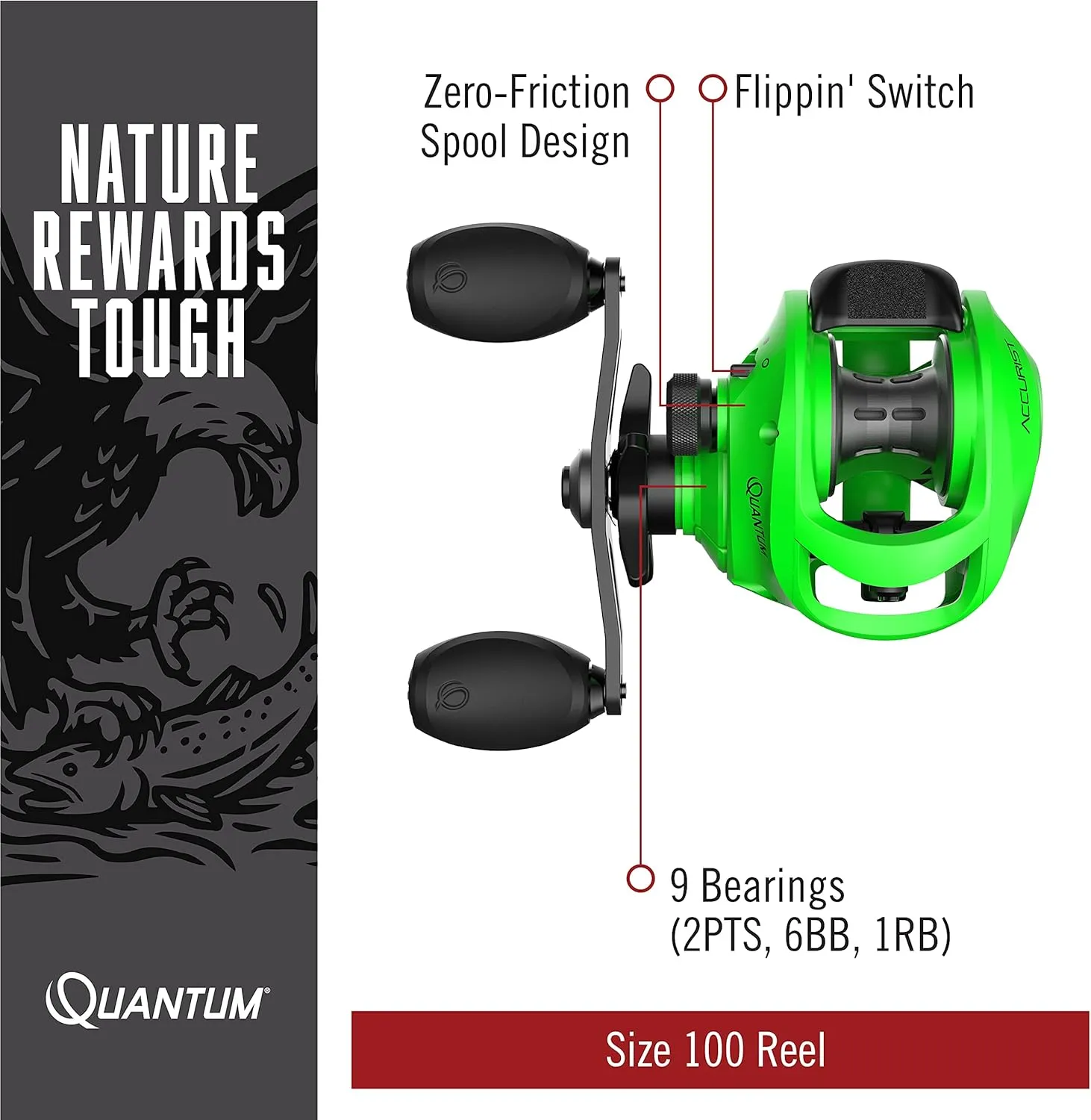 Quantum Accurist Baitcast Fishing Reel, Size 100 Reel, Oversized Non-Slip Handle Knobs and Continuous Anti-Reverse Clutch, One-Piece Aluminum Frame