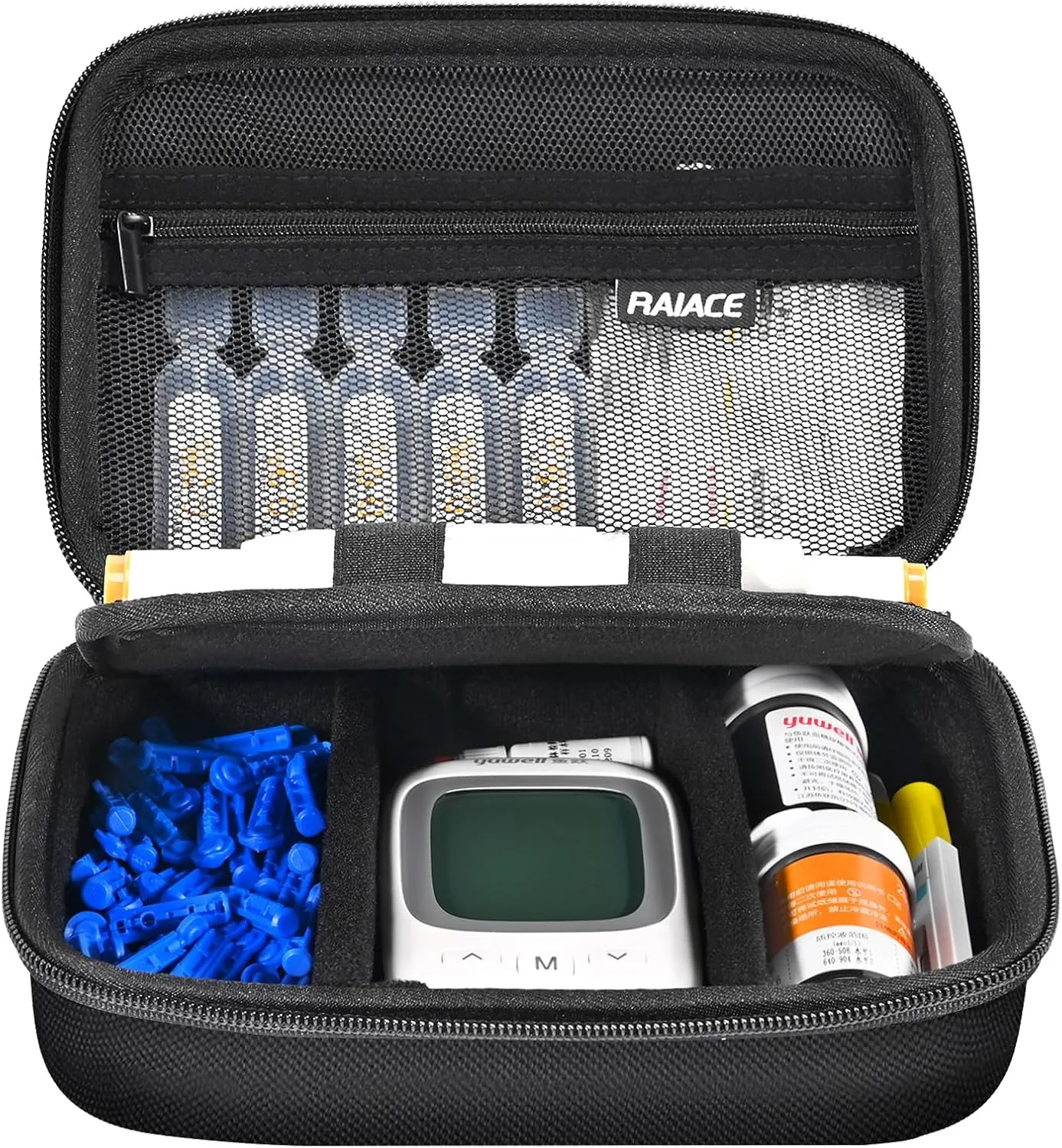RAIACE Hard Storage Case for Diabetic Supplies, Bag fit for Glucose Meter, Insulin Pen, Glucose Monitor, Blood Sugar Test Strips,Lancets,. (for sale is case only)- Black