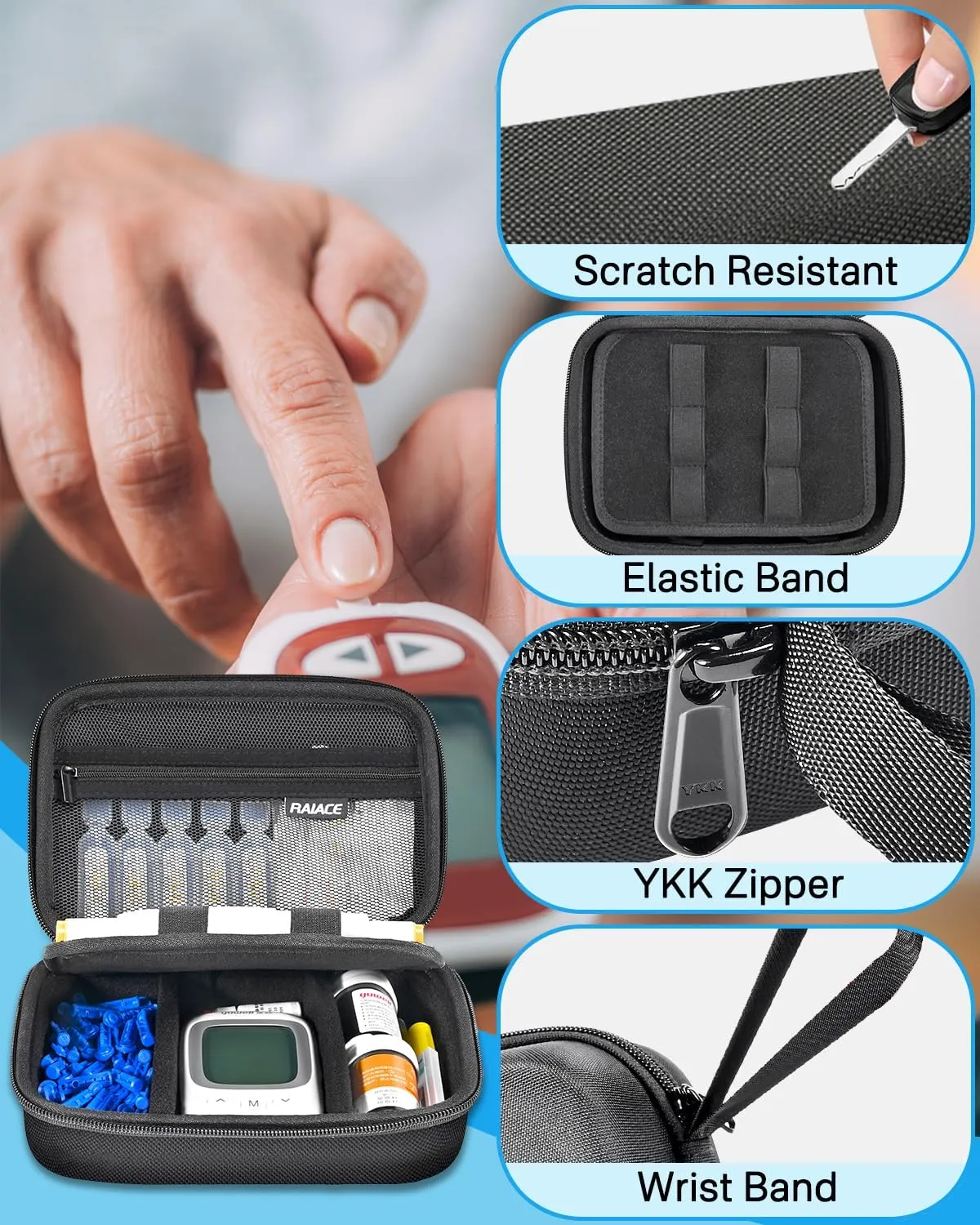 RAIACE Hard Storage Case for Diabetic Supplies, Bag fit for Glucose Meter, Insulin Pen, Glucose Monitor, Blood Sugar Test Strips,Lancets,. (for sale is case only)- Black
