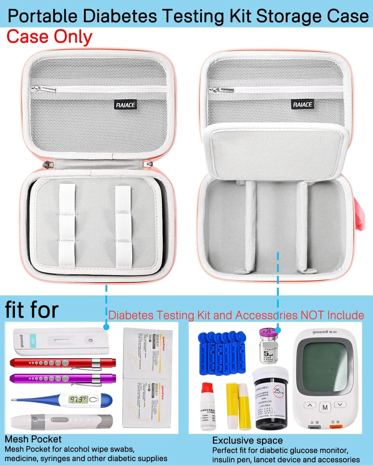 RAIACE Hard Storage Case for Diabetic Supplies, Bag fit for Glucose Meter, Insulin Pen, Glucose Monitor, Blood Sugar Test Strips,Lancets,. (for sale is case only) (Pink)