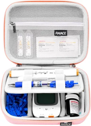 RAIACE Hard Storage Case for Diabetic Supplies, Bag fit for Glucose Meter, Insulin Pen, Glucose Monitor, Blood Sugar Test Strips,Lancets,. (for sale is case only) (Pink)
