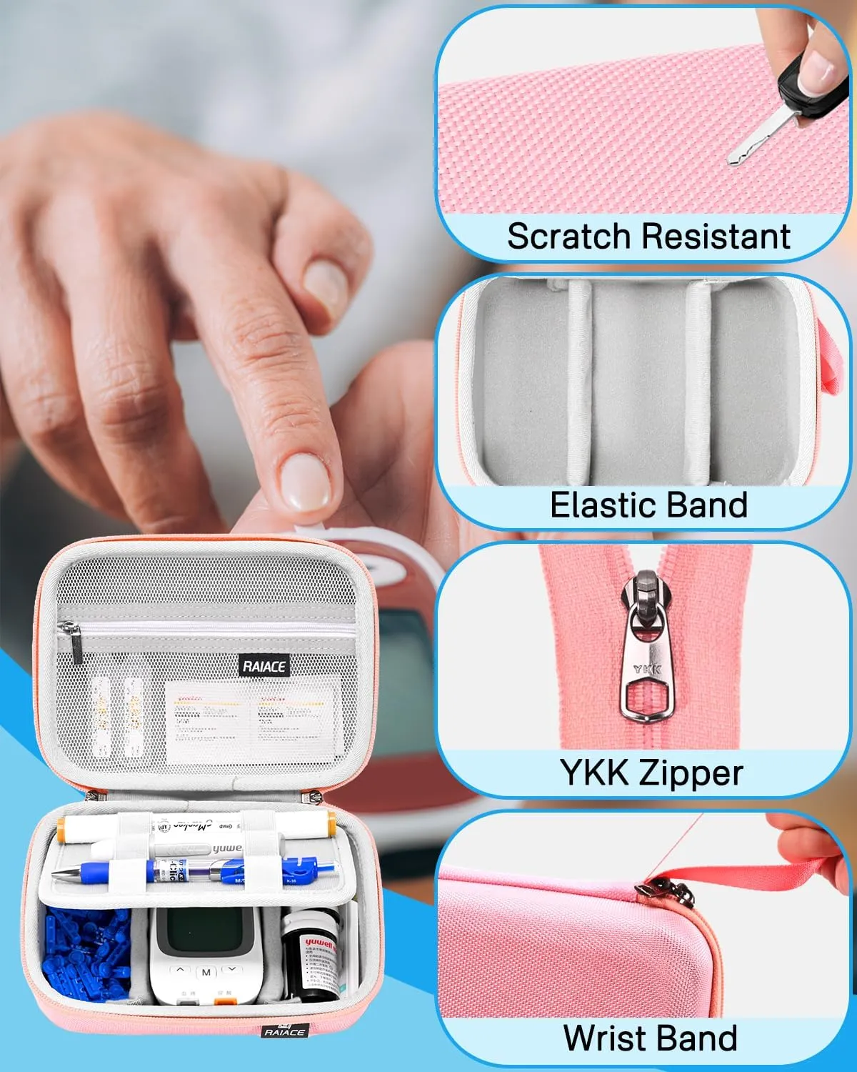 RAIACE Hard Storage Case for Diabetic Supplies, Bag fit for Glucose Meter, Insulin Pen, Glucose Monitor, Blood Sugar Test Strips,Lancets,. (for sale is case only) (Pink)
