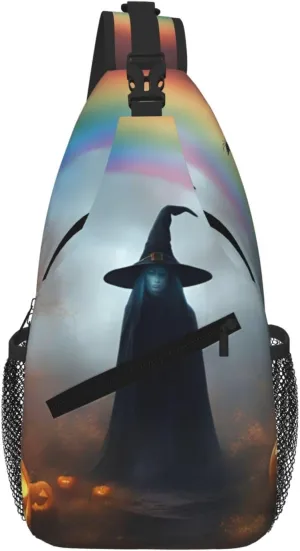 Rainbow Halloween Ghost Witch Hat Spiders Fashion Print Crossbody Chest Bag - Adjustable Strap For Hiking And Working