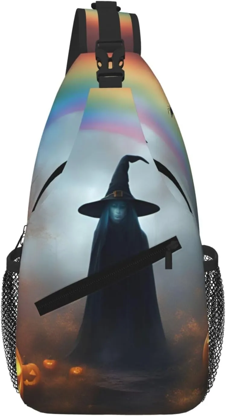 Rainbow Halloween Ghost Witch Hat Spiders Fashion Print Crossbody Chest Bag - Adjustable Strap For Hiking And Working