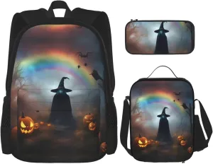 Rainbow Halloween Ghost Witch Hat Spiders Print Versatile Adjustable Shoulder Fashion Backpack Lunch Bag Pencil Case Large Capacity