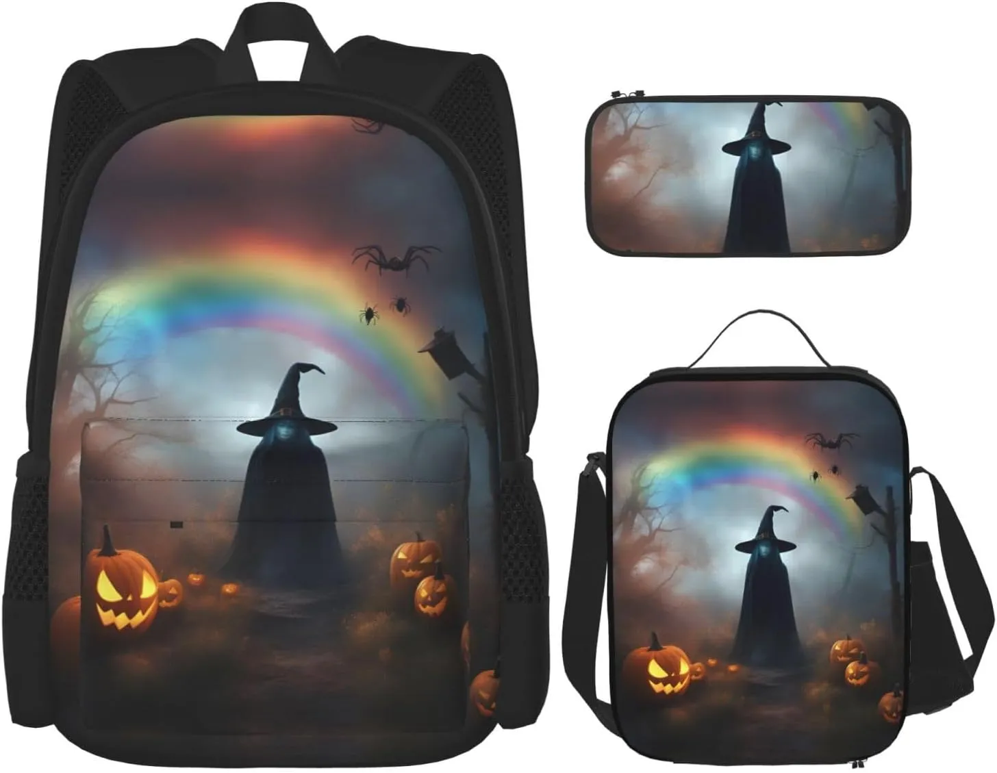 Rainbow Halloween Ghost Witch Hat Spiders Print Versatile Adjustable Shoulder Fashion Backpack Lunch Bag Pencil Case Large Capacity