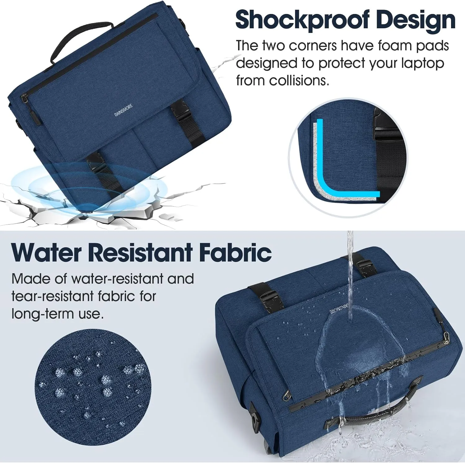 RAINSMORE Messenger Bag for Men Messenger Bag 15.6 Inch Water Resistant Laptop Bag Casual Satchel Bags for Men Large College Computer Bag Office Work Briefcase Fashion Crossbody Shoulder Handbag, Blue