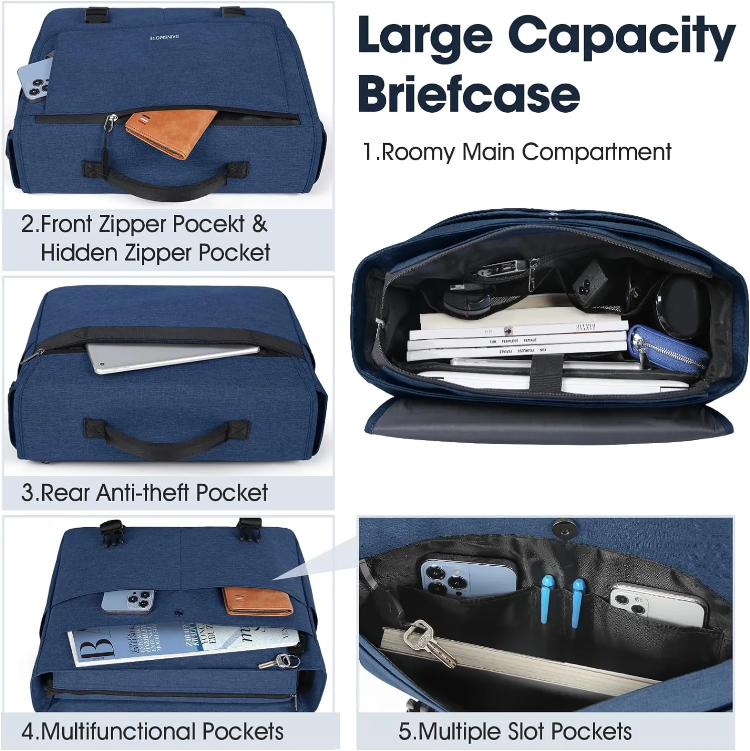 RAINSMORE Messenger Bag for Men Messenger Bag 15.6 Inch Water Resistant Laptop Bag Casual Satchel Bags for Men Large College Computer Bag Office Work Briefcase Fashion Crossbody Shoulder Handbag, Blue