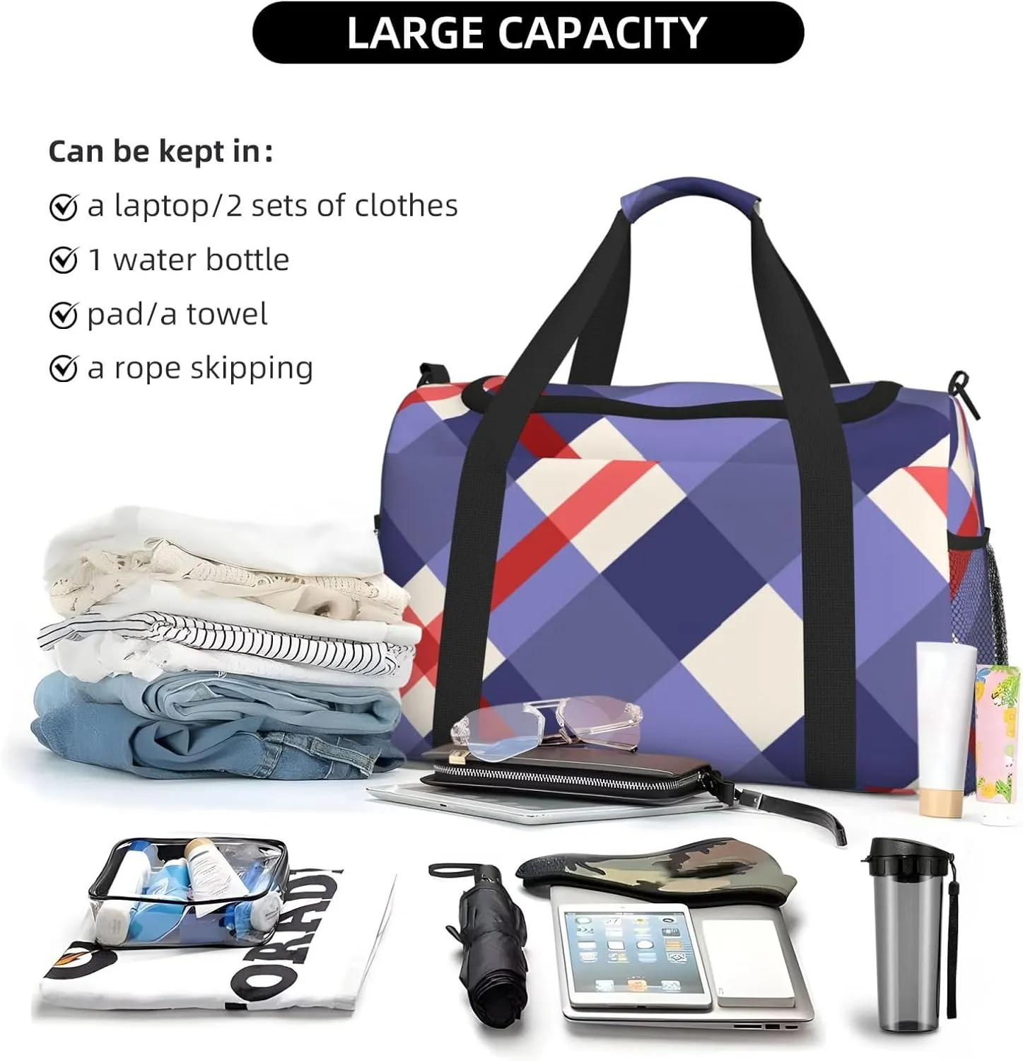 Red And Purple Plaid Travel Duffel Bag Large Foldable Waterproof Overnight Bag For Beach Swim Bags Pool Sports Gym