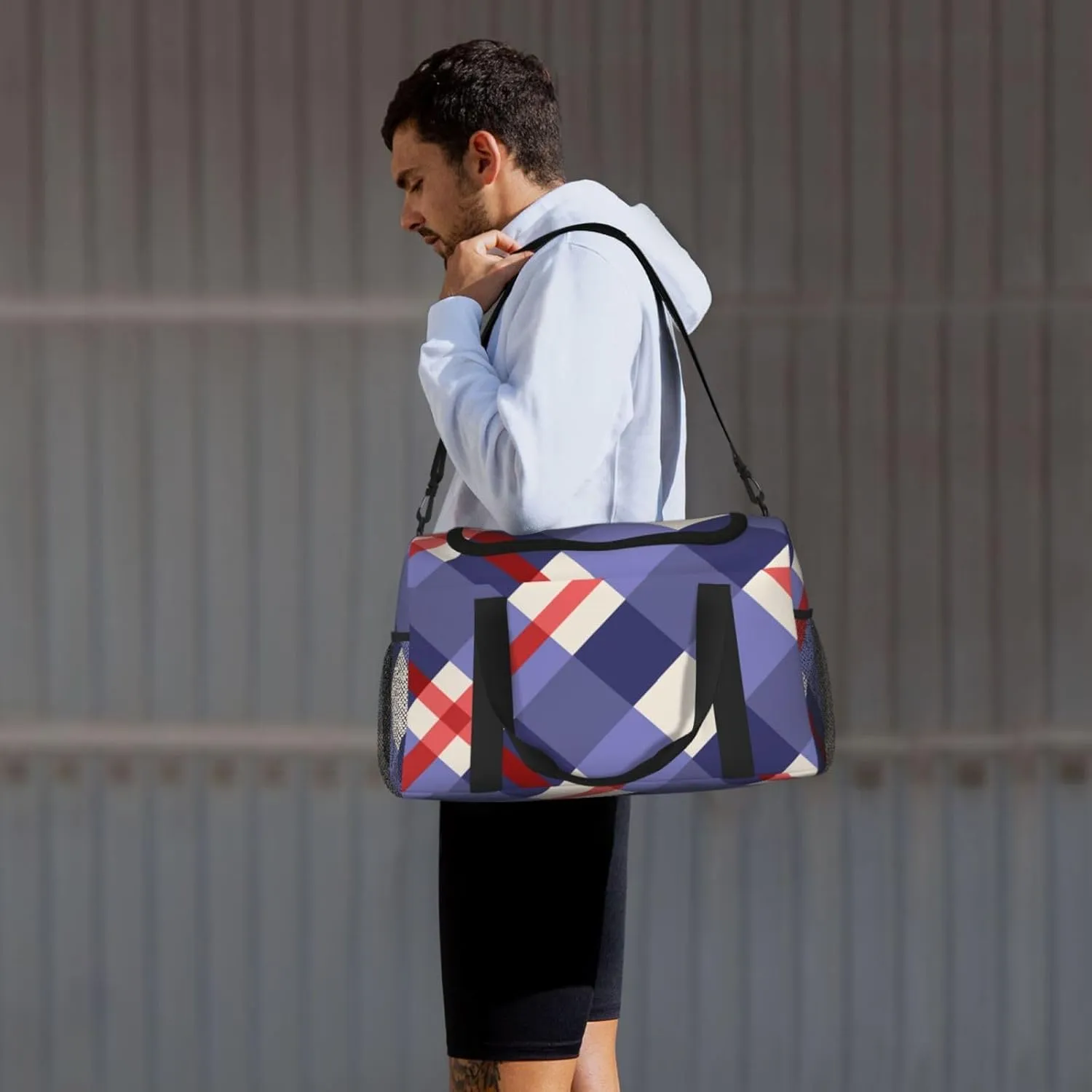 Red And Purple Plaid Travel Duffel Bag Large Foldable Waterproof Overnight Bag For Beach Swim Bags Pool Sports Gym