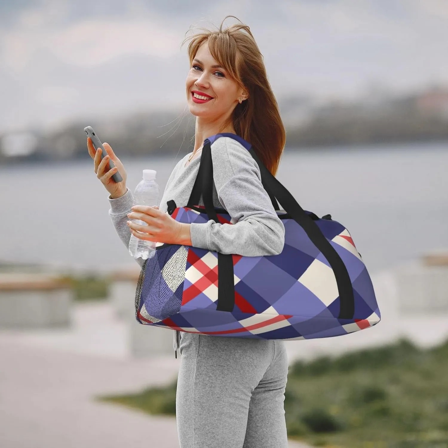 Red And Purple Plaid Travel Duffel Bag Large Foldable Waterproof Overnight Bag For Beach Swim Bags Pool Sports Gym