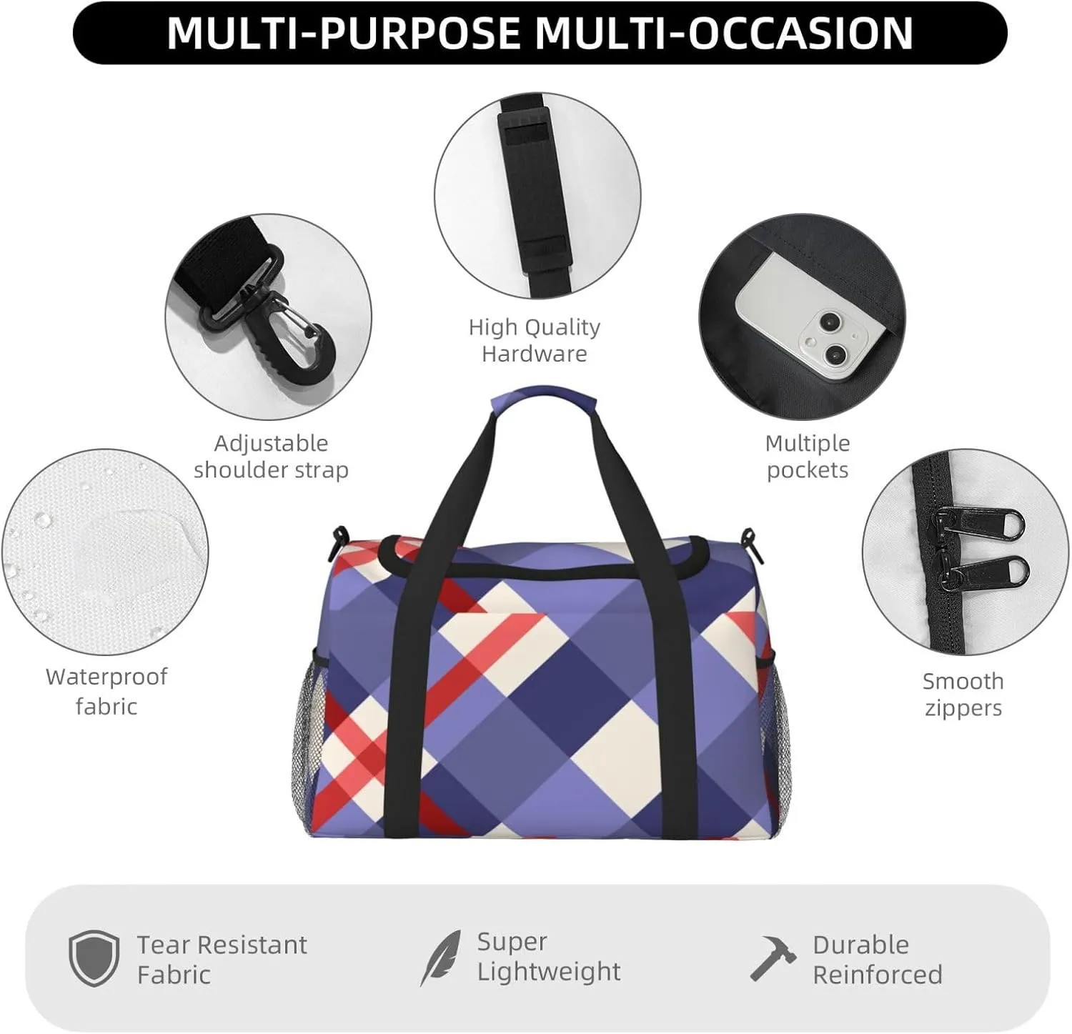 Red And Purple Plaid Travel Duffel Bag Large Foldable Waterproof Overnight Bag For Beach Swim Bags Pool Sports Gym