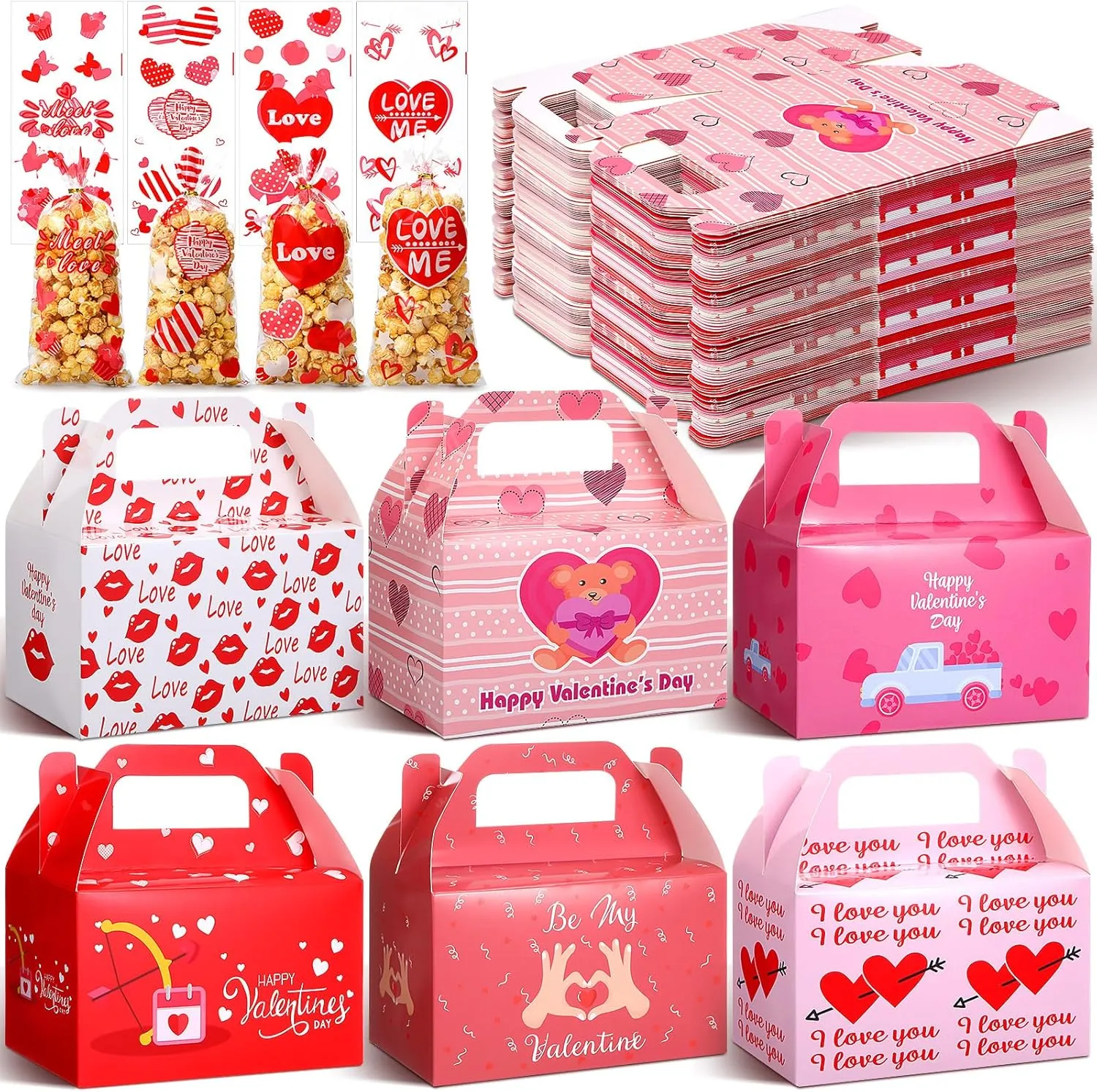 ReliThick 80 Pack Valentine's Day Treat Box with Cellophane Bags Heart Goodie Cookie Candy Boxes for Treats Valentine Gift Bag for Party(Chic)