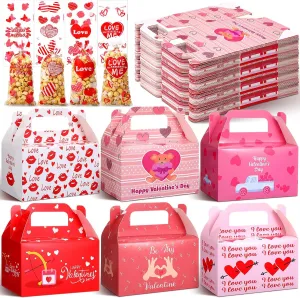ReliThick 80 Pack Valentine's Day Treat Box with Cellophane Bags Heart Goodie Cookie Candy Boxes for Treats Valentine Gift Bag for Party(Chic)