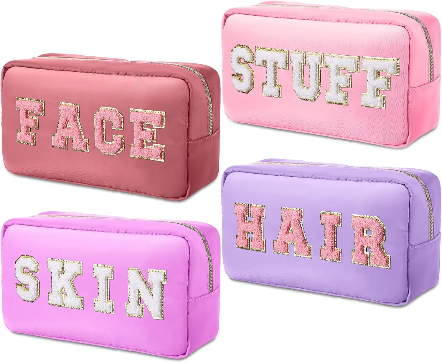 Remerry 4 Pcs Makeup Bags Travel Cosmetic Bag Organization Chenille Letter Toiletries Stuff Pouch Preppy Waterproof Gift for Women Girl Teen (Pink Gradient,Face Skin Hair Stuff)