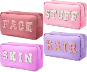 Remerry 4 Pcs Makeup Bags Travel Cosmetic Bag Organization Chenille Letter Toiletries Stuff Pouch Preppy Waterproof Gift for Women Girl Teen (Pink Gradient,Face Skin Hair Stuff)