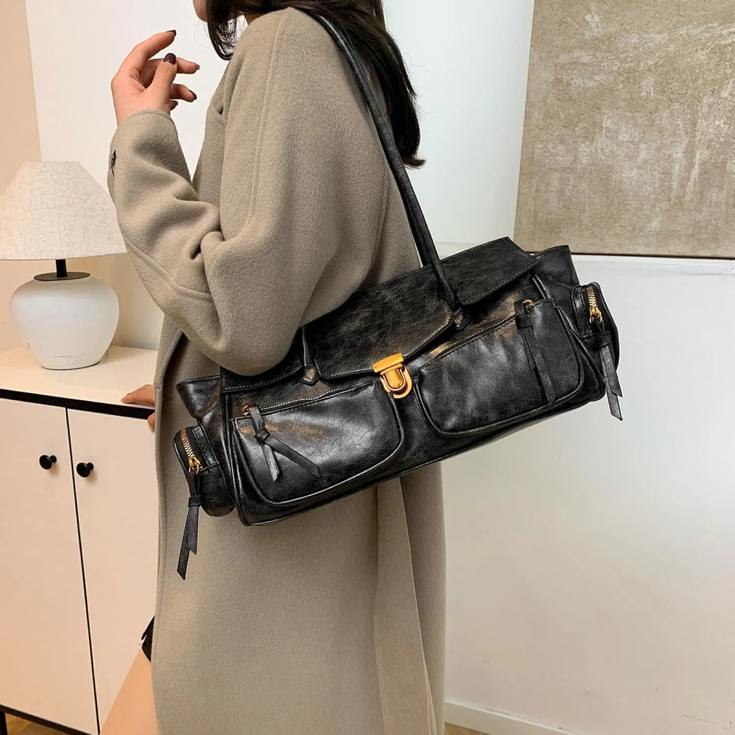 Retro Large Capacity Multi-functional Tote Bag Y2k Women's Shoulder Bag with Multiple Pockets Aesthetic Cool Punk Hobo Walle